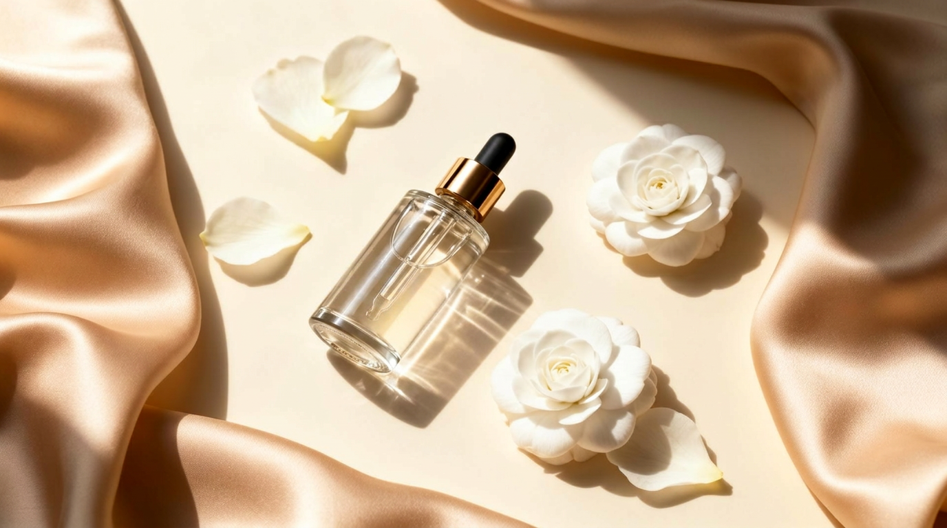 Editorial flatlay of a luxury skincare serum on warm ivory silk